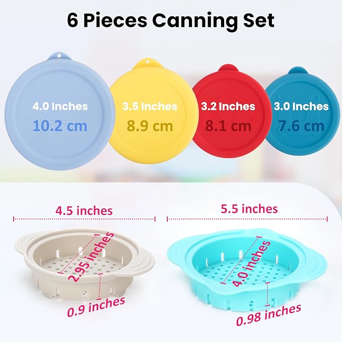Can Lids & Strainer Duo — 2 Packs Can Strainers and 4 Packs Silicone Can Covers, Fit for 3.0''|3.2''|3.5''|4.0-inches Canned Food, Holiday Kitchen Set, Essential Canning Supplies
