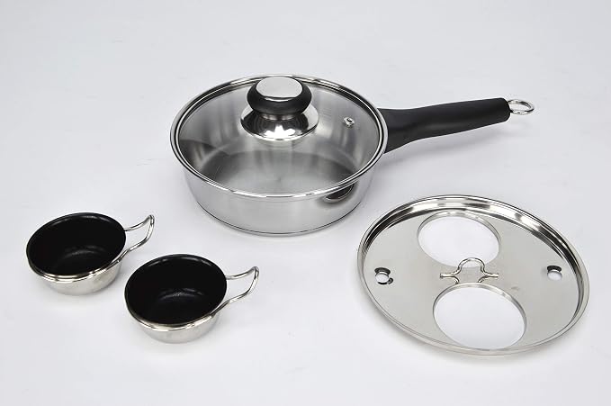 RUNZI 2 Cups Egg Poacher Pan - Stainless Steel Poached Egg Cooker – Perfect Poached Egg Maker – Induction Cooktop Egg Poachers Cookware Set with 2 Nonstick Large PFOA FREE Egg Poacher Cups…