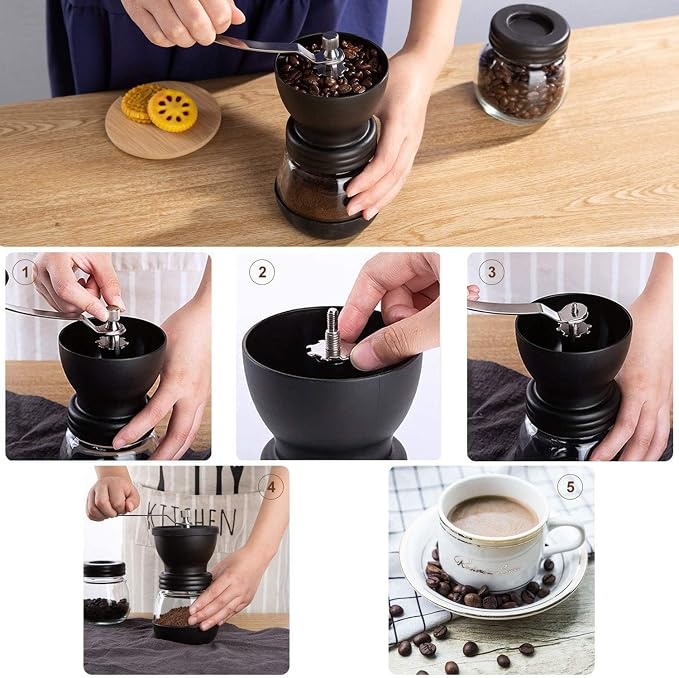 PARACITY Manual Coffee Grinder, Ceramic Burr, 2 Glass Jars, 11oz per Jar | This hand coffee grinder, a small coffee bean grinder, has a steel crank for drip, espresso, French press and Turkish brew