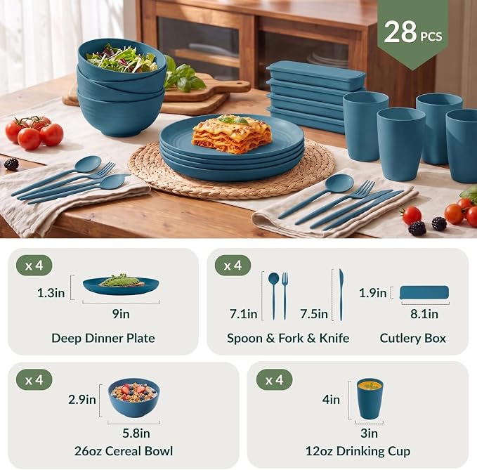 Unbreakable Wheat Straw Dinnerware Sets 28 PCS Kids Plates and Bowls Sets for Kitchen, RV, Party, Travel, Dorm, Camping Dish Set for 4 Lightweight Microwave & Dishwasher Safe(Deep Blue)