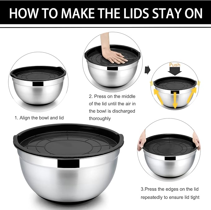 P&P CHEF Stainless Steel Mixing Bowls With Lids, Set of 6, Black | Salad Nesting Mixing Bowls & Fitting Lids & Non-Slip Silicone Bottom, Ideal for Mixing, Storing, Size 0.7/1/1.5/2.5/3/4.6 Qt