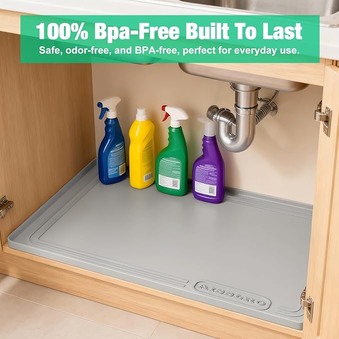 Under Sink Mat 34" X 22", Waterproof Silicone Cabinet Kitchen Liner, Gray | BPA-Free Raised-Edge Cabinet Protector & Leak Tray for Bathroom Cabinets, Boots, Pet Feeding Dog & Cat Mats, Dishwasher Safe