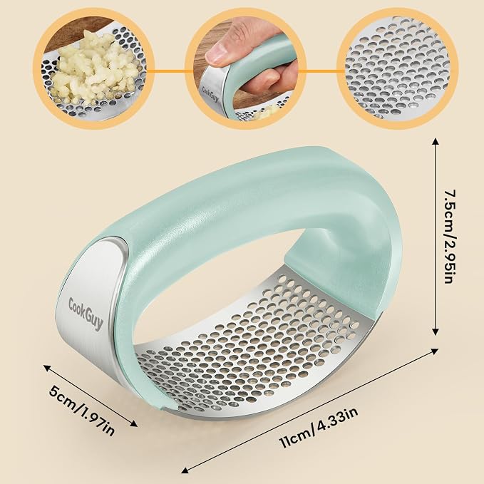 Cook Guy 304 Stainless Steel Garlic Press Rocker Set | Premium Garlic Mincer, Crusher, Peeler, and Scraper Tool for Effortless Mincing - Comfortable Grip Garlic Grinder (Green)