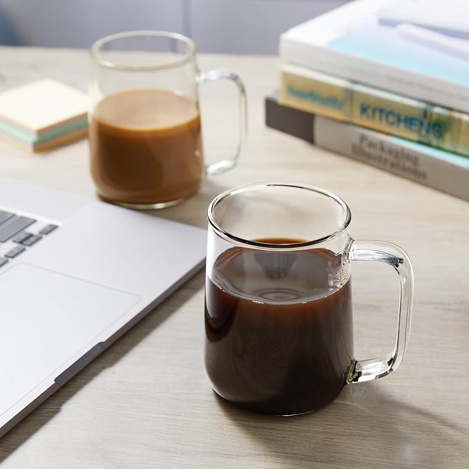 Glass Coffee Mugs, 16 oz Glass Coffee Cups Set of 2, Clear Borosilicate Glass Mugs with Handles for Cappuccino, Tea, Latte, Hot/Cold Beverages, Wine, Americano