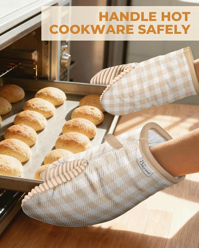 100% Thick Cotton Oven Mitts Ribbed Soft Silicone Beige Gingham | Aesthetic Oven Mitts for Women, Machine Washable Non-Slip Kitchen Mitts, Reversible for Both Hands, Stylish Kitchen Decor