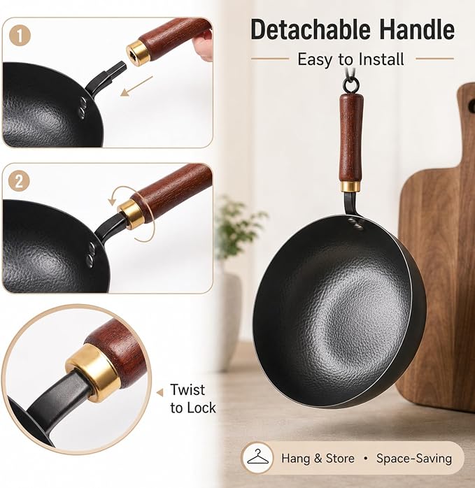 7.8-Inch Small Carbon Steel Wok with Wooden Lid, 1.6QT | Cold-Forged Flat Bottom, Coating-Free Carbon Steel, Induction Ready, Compact Size for Eggs, Ramen, Soup and Oatmeal