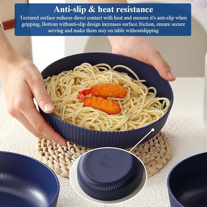 HOMQUEN Pasta Bowls Set of 6, 37oz Salad Bowls Blue Soup Bowls, Large Pasta Serving Bowls, Unbreakable Plastic Dinner Bowls, Dinnerware Sets,Valentines Day Gift, Dishwasher Safe (Blue)