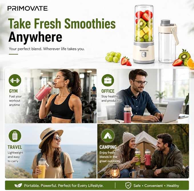 Portable Blender 2026 Model, 450ML, 18-Blade Powerful Smoothie Maker, USB Type-C Rechargeable, Ice Crushing Personal, 1500mAh Battery, 60W Motor, Travel Blender with Extra Jar & Lid