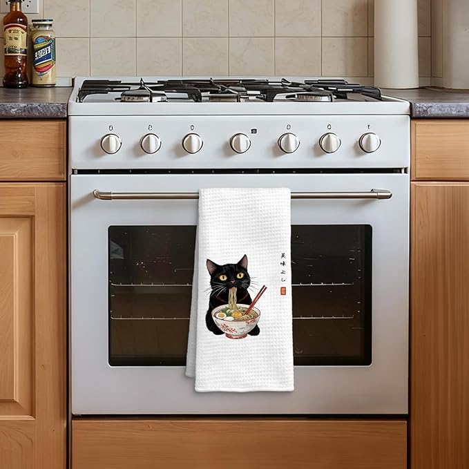 Funny Black Cat Kitchen Towel, Sushi Cat Lover Gifts Dish Towel, Japanese Ramen Noodles Sushi Black Kitty Decorative Hand Towel 16x24 Inch(B)