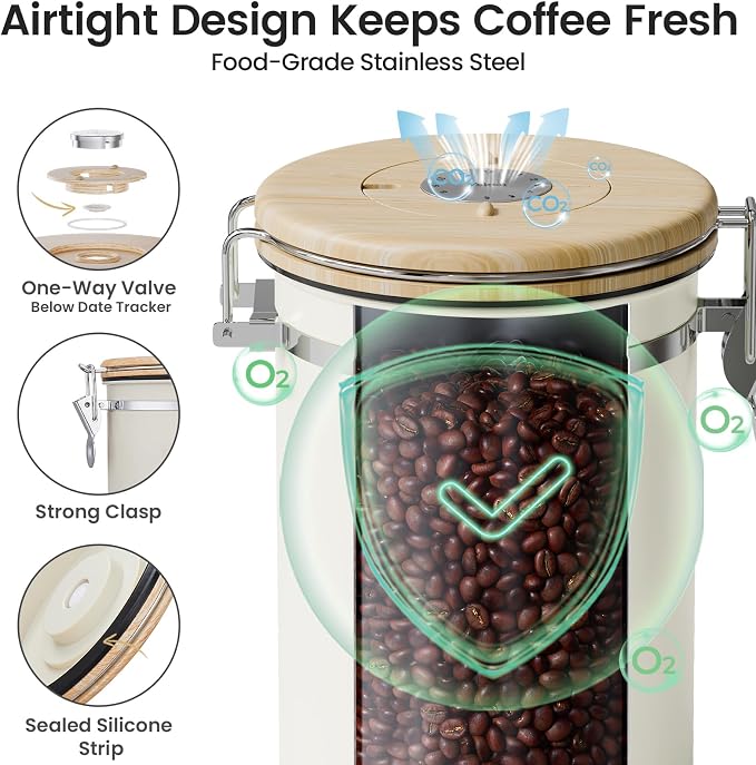 Veken Coffee Canister with Window, Airtight Stainless Steel Container, 22OZ | Gifts For Women, Kitchen Food Storage for Beans,Ground,Espresso,Rice,Tea,Sugar,Cereal,Bar Accessories,Lids,Jars, Scoop, Cream