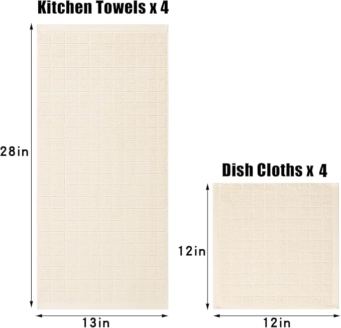 Homaxy Kitchen Towels and Dishcloths Set, Set of 8, Beige | Bulk Cotton Terry Kitchen Towels, Checkered Designed, Soft and Super Absorbent Dish Towels, 12 x 12 and 13 x 28 Inches
