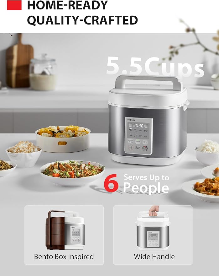 TOSHIBA Rice Cooker Heritage Bento Box, Digital Control, 5.5-Cup Uncooked Rice Capacity, 9 Functions with 3D Heating and 24-Hour Auto Keep Warm