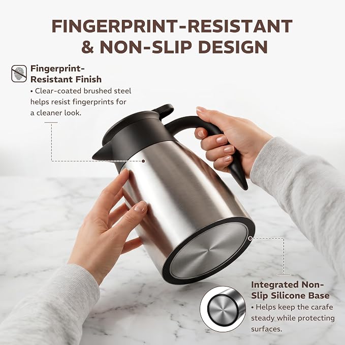 Thermal Coffee Carafe for Keeping Hot – 34OZ Insulated Small Coffee Pot | 304 Stainless Steel Coffee Flask, Tea Pitcher for Hot Drinks Liquid Water, Insulated Beverage Dispenser for Parties