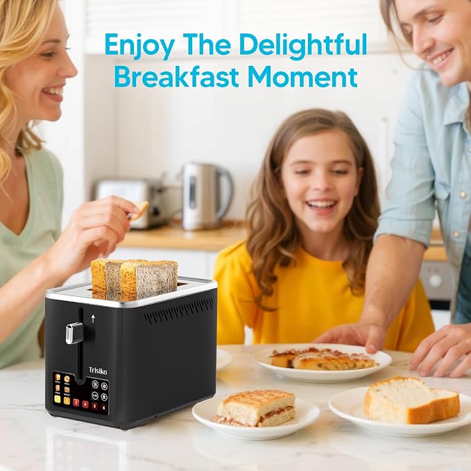 Trisiko® Touch Screen Toaster 2 Slice, 900W Digital Toaster with Countdown Timer, 1.38 in Wide Slots, 6 Browning Levels, Bagel, Defrost, Reheat, Cancel, Crumb Tray, Cord Wrap-Black