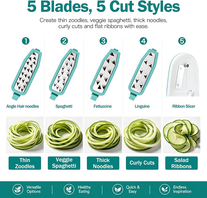 Ourokhome Zucchini Noodle Maker Spaghetti Spiralizer - 5 Blades Vegetable Slicer for Veggie Noodles and Curly Chips