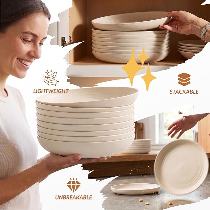 Plastic Dinner Plates, Wheat Straw Plates 11 Inch, Lightweight Unbreakable Plates Set of 8, Microwave Safe Plates, Deep Plates for Dinner - Beige