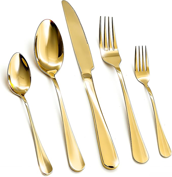 20 Piece Silverware Set, Kitchen Utensils Set for Restaurant & Home, Stainless Steel Cutlery Set, Flatware Set include Forks, Knives, Spoons, Household Essentials for New Home, Gold
