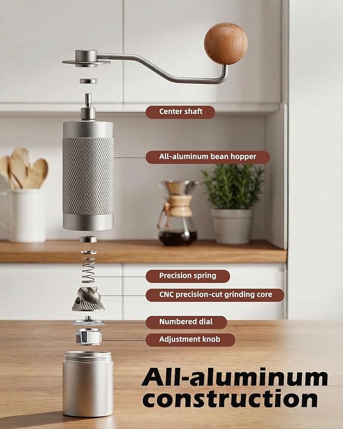 Pro Manual Coffee Grinder Stainless Steel Conical Burr With Adjustable Settings.Portable For Espresso, French press, Pour-over. All-metal, Plastic-free, Perfect For Travel camping