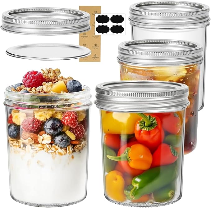 ComSaf 16 oz Wide Mouth Mason Jars, 4 Pack Pint Glass Jars with Lids | BPA-Free Materials, Clear Body, Pickles, Salad Prep, Overnight Oats, Coffee Storage, Honey, DIY Candles