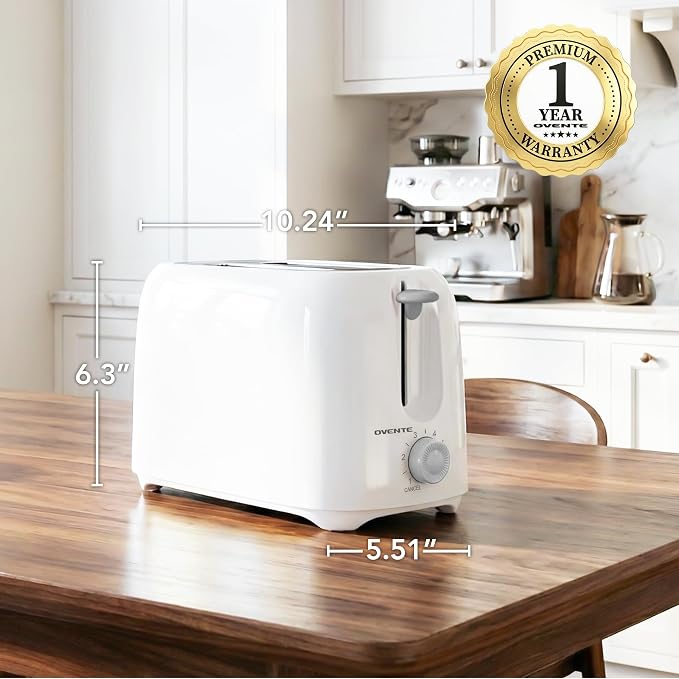OVENTE Electric 2 Slice Toaster Machine 6-Shade Setting, White TP2210WGY | Compact Design and Removable Crumb Tray, 700W Power Perfect for Toasting Bread, Thin Bagels and Waffles