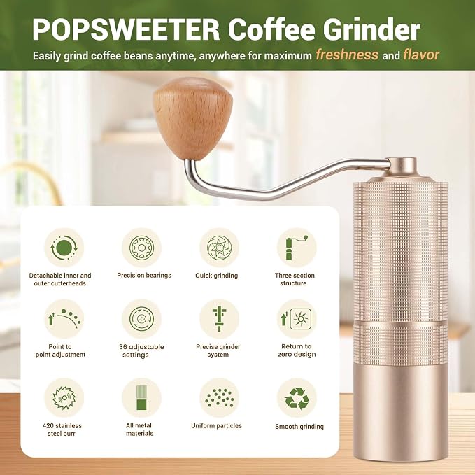 Popsweet C38 Manual Coffee Grinder With Detachable Stainless Steel Tapered Outer Burrs, Grinder 400 pounds Coffee Beans, 36 Manual Adjustable Espresso Grinder, Perfect For Homes, Offices, And Camping
