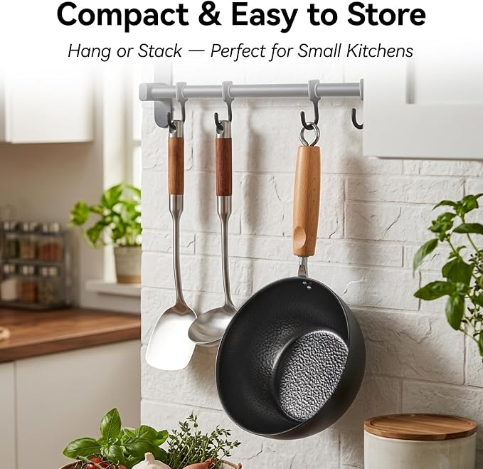 Small Carbon Steel Wok with Lid, 7-Inch 1.5QT Flat Bottom Pan | Uncoated mini wok for ramen, soup and eggs; induction-ready flat bottom design sized for 1-2 servings and everyday meal prep.