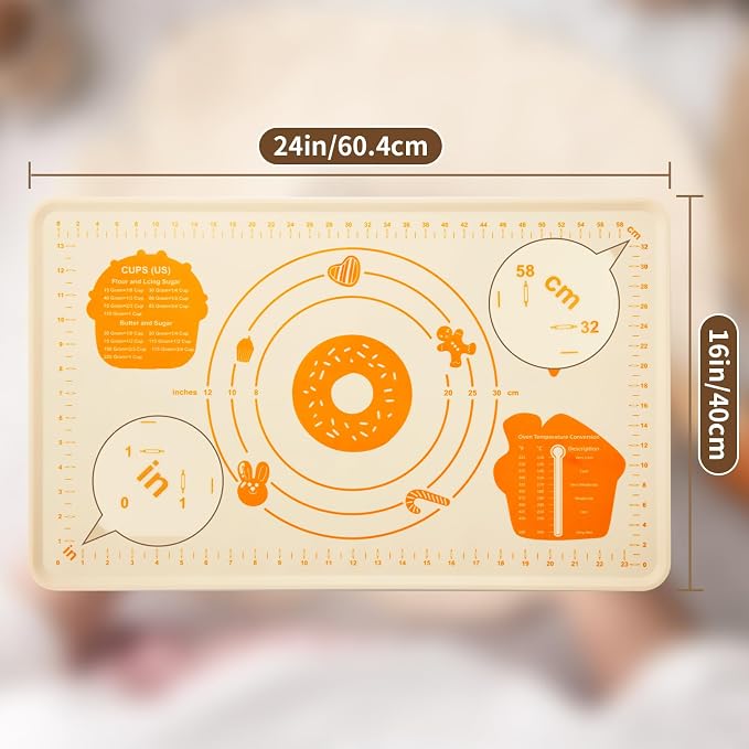 DANIA & DEAN 26"x16" 1.1mm Ultra-Thick Baking-Themed Silicone Pastry Mat | Non-Slip & Non-Stick Mat with 4.5mm Raised Edges & Measurements, Anti-Spill for Dough, Bread, Cookies & Pizza Counter Sheet