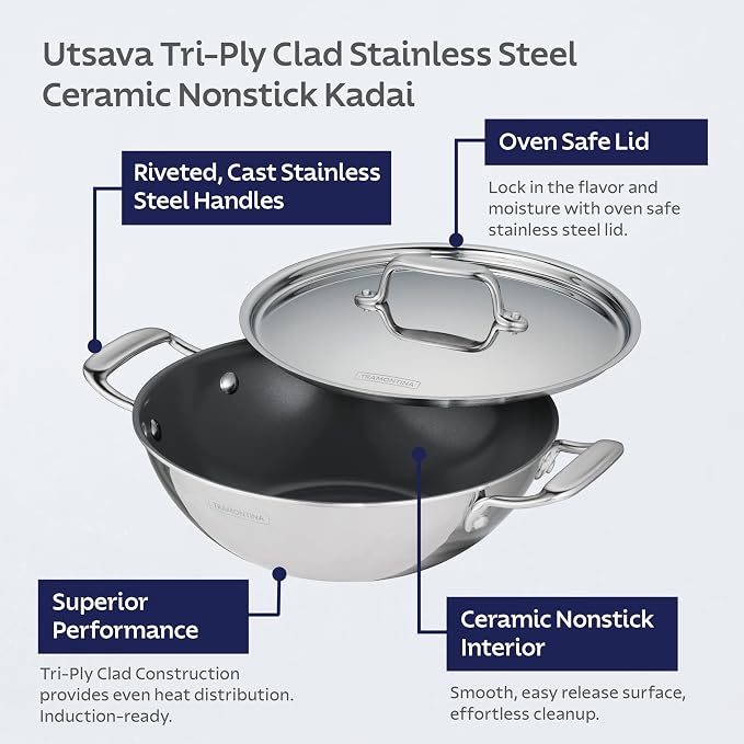 Tramontina Utsava Tri-Ply Clad Stainless Steel 1.8-Quart Kadai with Lid | Ceramic Non Stick Interior, Induction-Ready Small Kadhai Pot for Indian Cooking