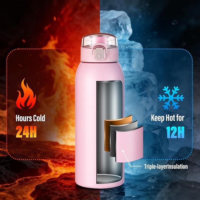 Insulated Water Bottle 18 oz with Dustproof Lid, Carry Handle & Tea Infuser, BPA-Free & Leakproof, Stainless Steel Water Bottles Ideal for Fitness, Hiking, Office & Outdoor Use （Water Pink）