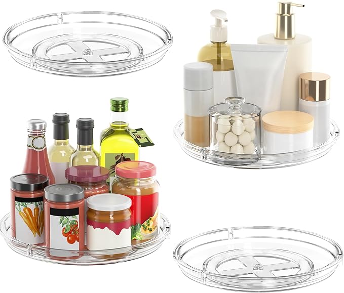 LAMU 4 Pack Lazy Susan Organizer 9 inch Lazy Susan Turntable for Cabinet, Rotating Spice Organization for Cabinet, Kitchen, Table Top, Countertop, Pantry Fridge Organizers and Storage, Clear