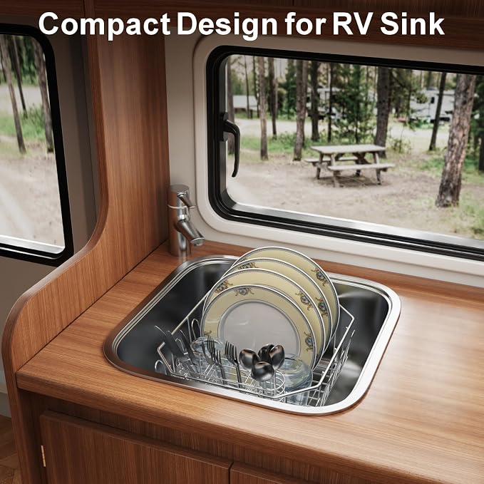 Small in Sink Dish Drying Rack - Stainless Steel for RV Kitchen | Compact Design for Apartments, Angled Corners Fit Square & Round Sinks, Utensil Holder, Cup Hooks, 1-2 Person, 11.6" x 13.4"