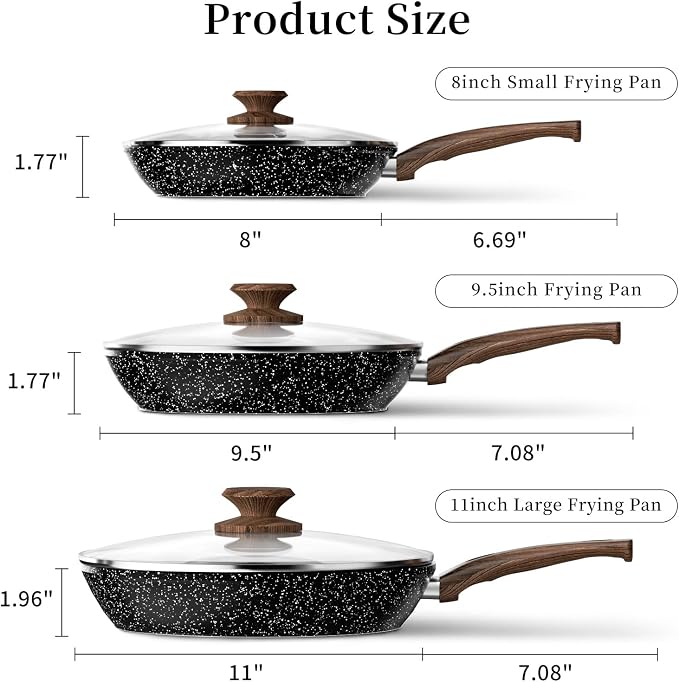 Innerwell Nonstick Ceramic Frying Pans Skillets Set with Lid 8"+9.5"+11" | No Toxic Egg Omelette Frying Pan, All Stove Compatible, Healthy Granite Induction Cooking Pan, PFOA & PFAS Free, Black