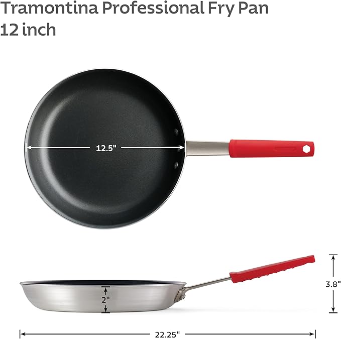 Tramontina Professional 12-Inch Non Stick Large Frying Pan | Heavy-Gauge Aluminum Skillet with Reinforced Nonstick Coating, Red Handle, Dishwasher and Oven Safe, Made in Brazil