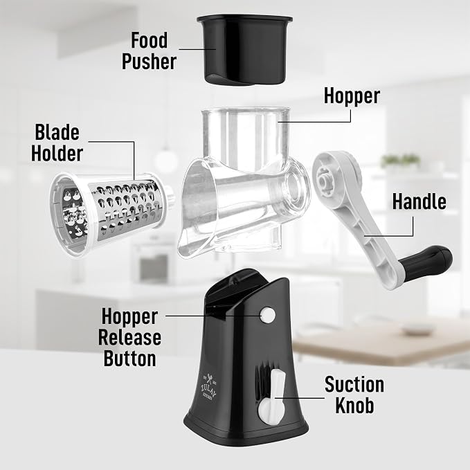 Zulay Kitchen Rotary Cheese Grater 5 Blade Cheese Shredder - Manual Hand Crank Cheese Grater With Reinforced Suction & 5 Interchangeable Drums - Easy to Use, Vegetable Chopper Round Mandoline Slicer