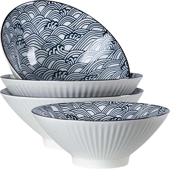 38 oz Japanese Ramen Bowls Set of 4, Large Pho Bowls, 8 Inch Ceramic Blue and White Soup Bowls, Wave Pattern