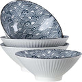 38 oz Japanese Ramen Bowls Set of 4, Large Pho Bowls, 8 Inch Ceramic Blue and White Soup Bowls, Wave Pattern