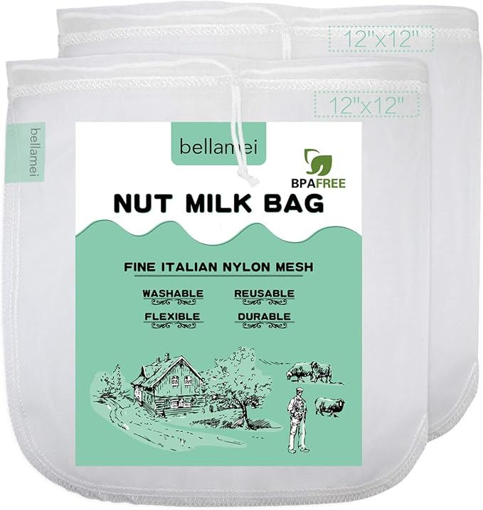 Nut Milk Bag Reusable 2 Pack Food Strainer Nut Bag(12×12 in) | for Straining Almond/Soy Milk Greek Yogurt Cold Brew Coffee Tea Beer Celery Juice Fine Nylon Mesh