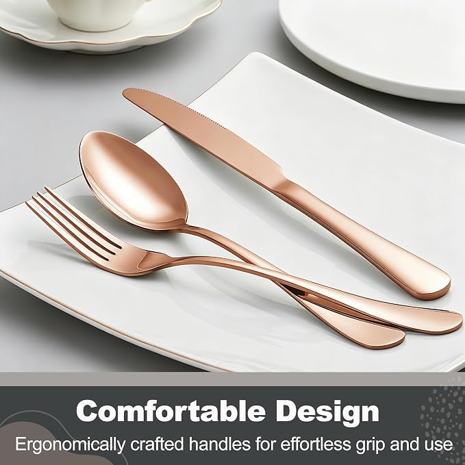 Runfly 40-Piece Rose Gold Flatware Set, Stainless Steel Cutlery Set for 8 | Mirror Polished Durable Utensil Set Includes Knife Fork Spoon for Home Kitchen Restaurant Tableware