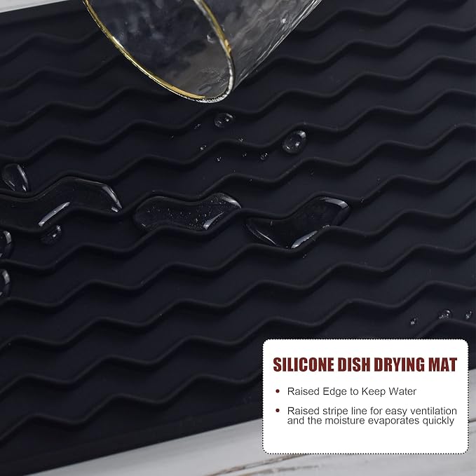 Silicone Dish Drying Mat, Non-Slip Easy Clean Sink Mat, Translucent, 12"x6" | Quick-Dry Ridges, Large Heat-resistant Dish Drainer Mat for Kitchen Counter, Hangable & Roll-Up for Storage, Dishwasher Safe