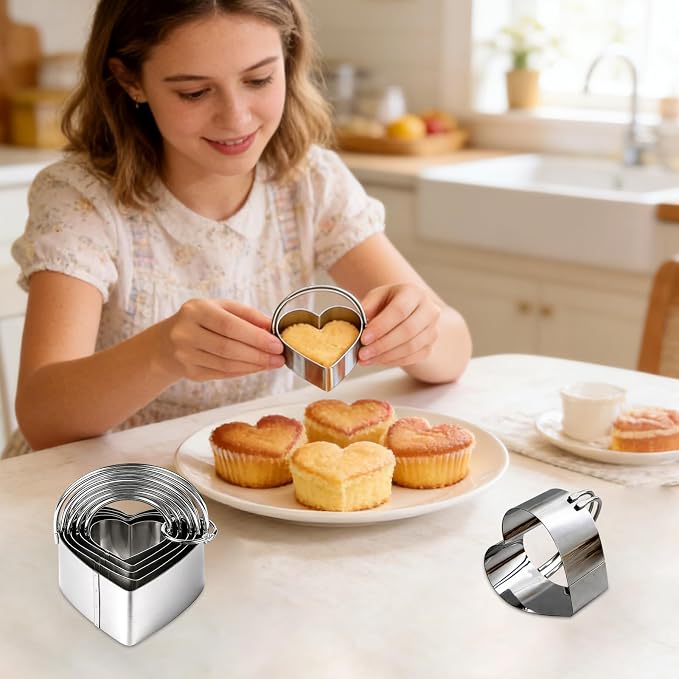 Stainless Steel Heart Cookie Cutter Set of 5 with Handle, Small to Large Heart Shapes for Baking, Pancakes, Sandwiches, Cheese, Fruits, Playdough, Valentine's Day Baking Supplies