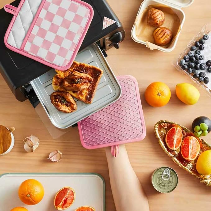 Ohocut Pink Checkered Pot Holder, Checkerboard Potholders for Kitchen, Silicone Pot Holders with Pocket for Kitchen Clearance 2 Pack Set, Hot Pads and Oven Mitts for Cooking Baking