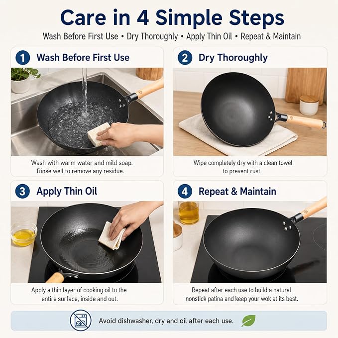 WANGYUANJI 12.6 Inch Carbon Steel Wok Pan with Glass Lid and Spatula, Nitrided Flat Bottom Wok Set, Uncoated Stir Fry Pan for 2-4 Servings, Gas, Electric, Ceramic and Induction Cooktops