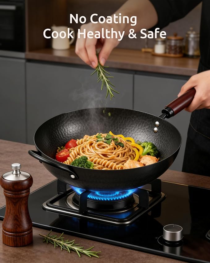 FGJ Wok Pan, Carbon Steel Wok, Woks & Stir-Fry Pans Nonstick, 13 Inch Wok Pan with Wooden Lid, Pre-Seasoned Carbon Steel Cookware, 5.8QT Flat Bottom Chinese Wok Pan, Compatible with All Cooktops