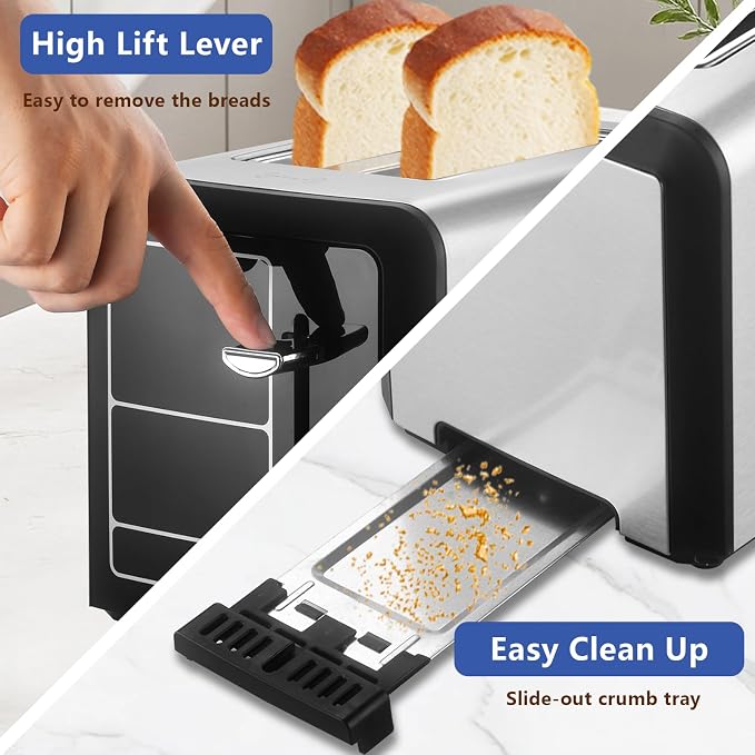 SAKAMOSH 2-Slice Touchscreen Toaster with bagel function | Even Toasting, 6 Browning Levels, Defrost and Cancel, Wide Slots Fit Thick Bread, Easy-clean Tray, Ideals for Busy Mornings