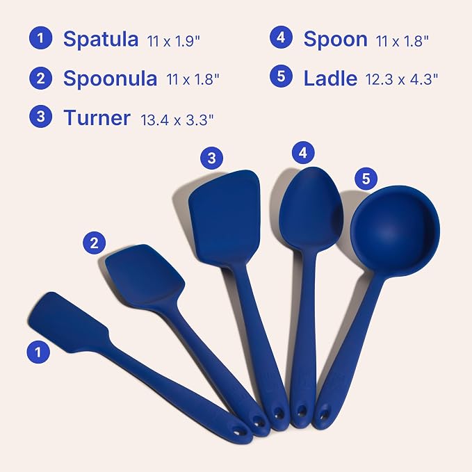 GIR 5-Piece Silicone Kitchen Utensils Set, Non-Toxic Cooking Utensils for Cooking and Baking, Heat Resistant, Food Grade, Dishwasher Safe Rubber Spatula, Ladle, Spoon - Royal Blue