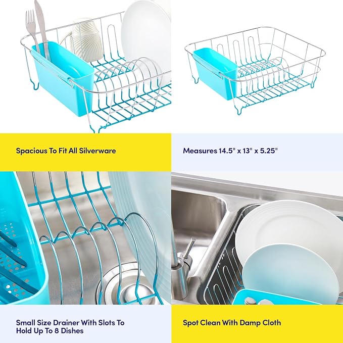 Dish Drying Rack & Cutlery Holder 2 Piece Set - Compact Sink-Fitting Dish Drainer with Rubberized Undercoating, Space-Saving Kitchen Organizer for Plates, Cups, Bowls & Utensils in Sink, Turquoise