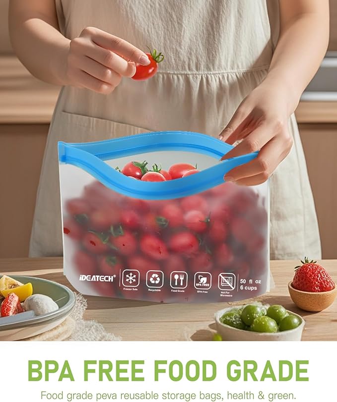 IDEATECH Reusable Bags for Food, Snack, Sandwich Storage, Dishwasher Safe & Leakproof Freezer Bags, Large Gallon & Quart BPA Free Reusable Baggies for Marinate Meats, Lunch, Trave(12Pack, Colored)
