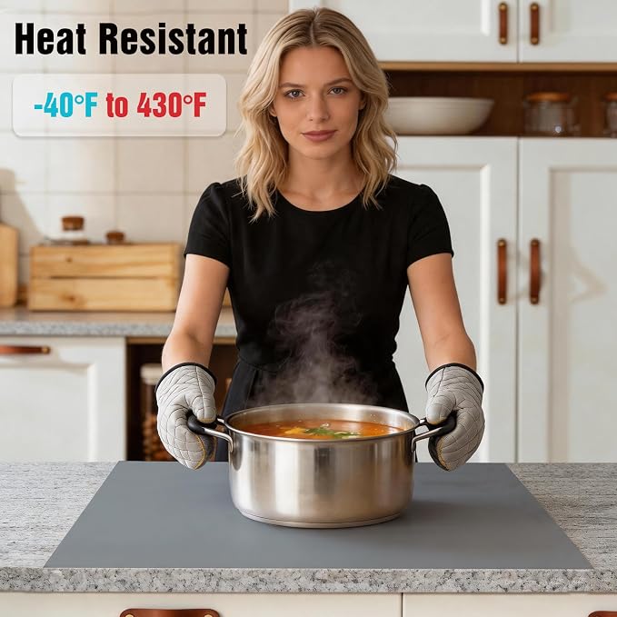 Silicone Mat for Kitchen Counter with Edge Protection – Quartz Countertop Protector, Heat Resistant & Non-Slip, Easy Clean, 100% Food Grade Silicone, 28"x20" (Gray)