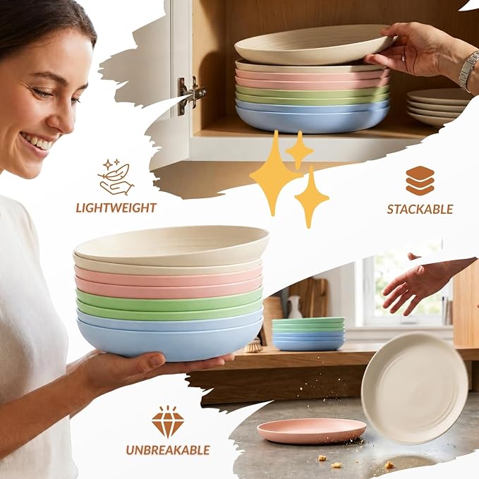 Deep Dinner Plates Set of 8 Unbreakable Wheat Straw Plates Plastic Reusable Plates for Kitchen, Picnic, RV, Dishwasher and Microwave Safe Plates for Salad, Dessert (Fresh Light, 9 inch)