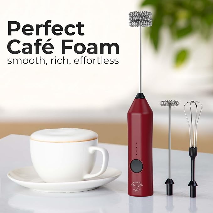 Zulay Kitchen Rechargeable Milk Frother Handheld - Frother Wand, Drink Mixer, Electric Whisk Frother, for Cappuccinos, Matcha & Protein Powder - Dynamic 3 Whisk, 3 Speed 500mAh Red Black